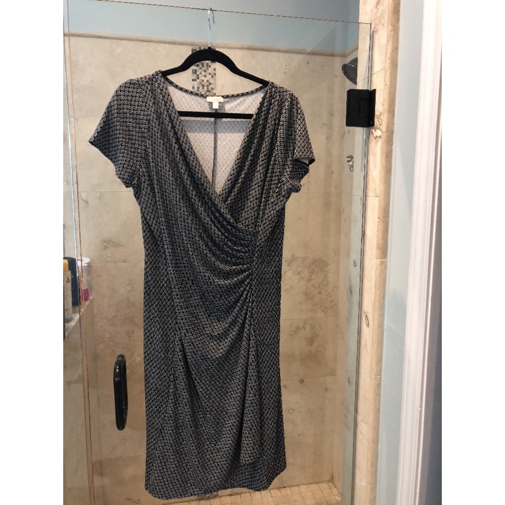 Talbots Womens Large Petite PL Black White Stretch Faux Wrap Print Dress